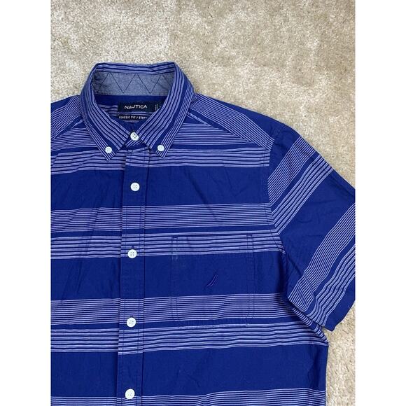 Nautica Mens Short Sleeve Shirt Small Blue White Stripes Classic Fit Stretch 750 - Picture 2 of 8